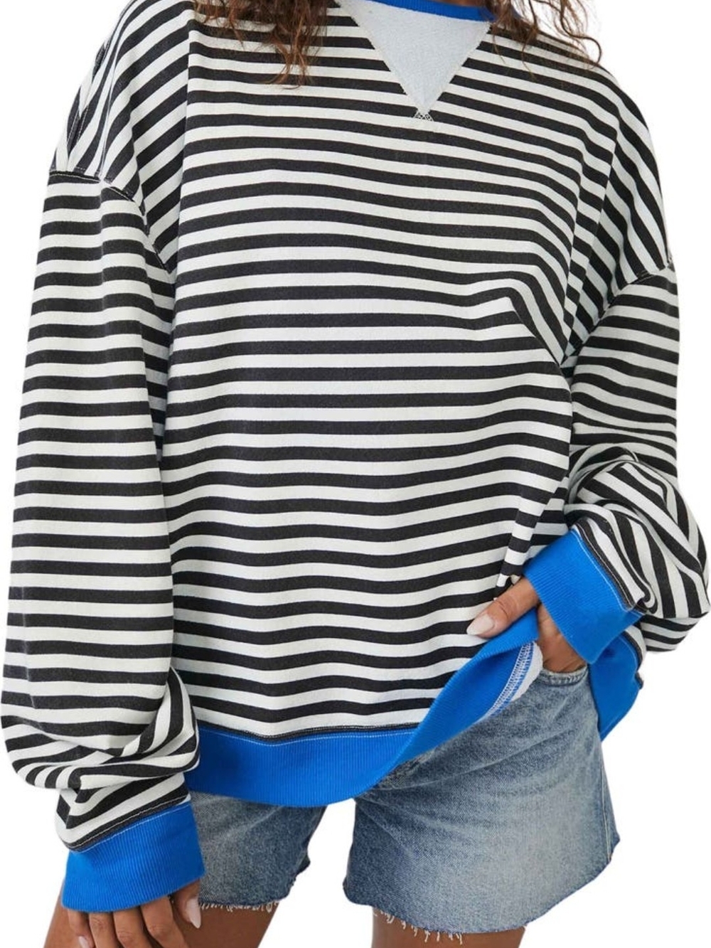 NWOT - Free People Black and White Striped Pullover with Blue Trim
